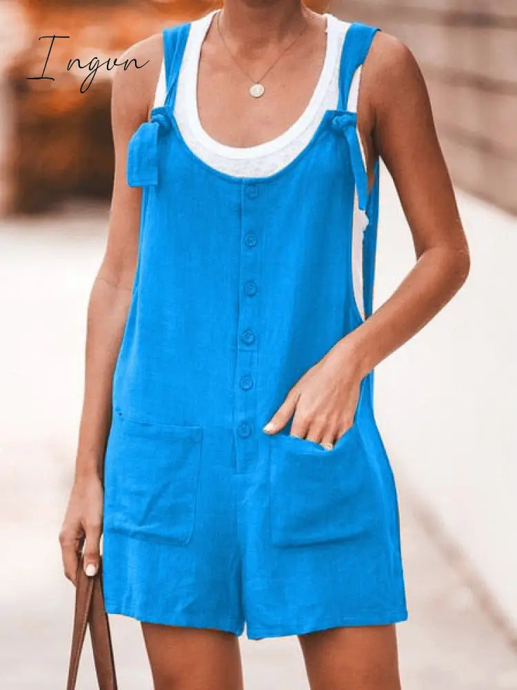 Ingvn - Summer Women Sleeveless Overalls Elegant Jumpsuits Romper Casual Vintage Ladies Short Pants Cotton and linen Wide Leg Pants