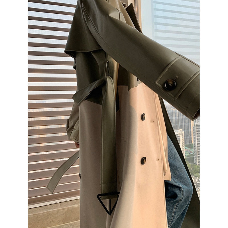 Women's Coat Spring Autumn Windbreaker Jacket Female Green Trench Quality Clothing Leather Stitching Windproof Long Ladies Cloak