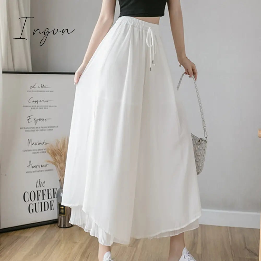 Ingvn - Elastic Wide Leg Pants Women Korean Fashion Chiffon Trousers Summer Casual Loose Pleated Pants Lady High Waist Street Skirt Pant