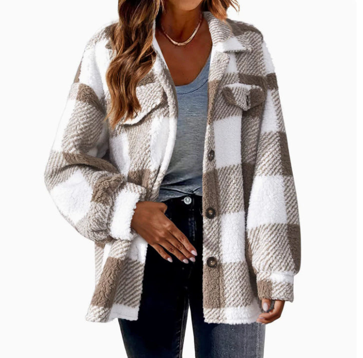 Autumn and Winter Open Button Lapel Plush Plaid Coat Plaid Pattern Button Front Jacket Warm