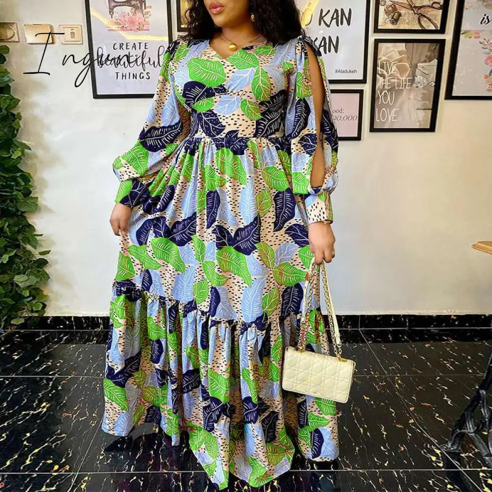 Ingvn - Summer Party Long Maxi Dress Women Long Sleeve Slit Vintage Printed Pleated Bohemian Beach Sundress Casual Vestido
