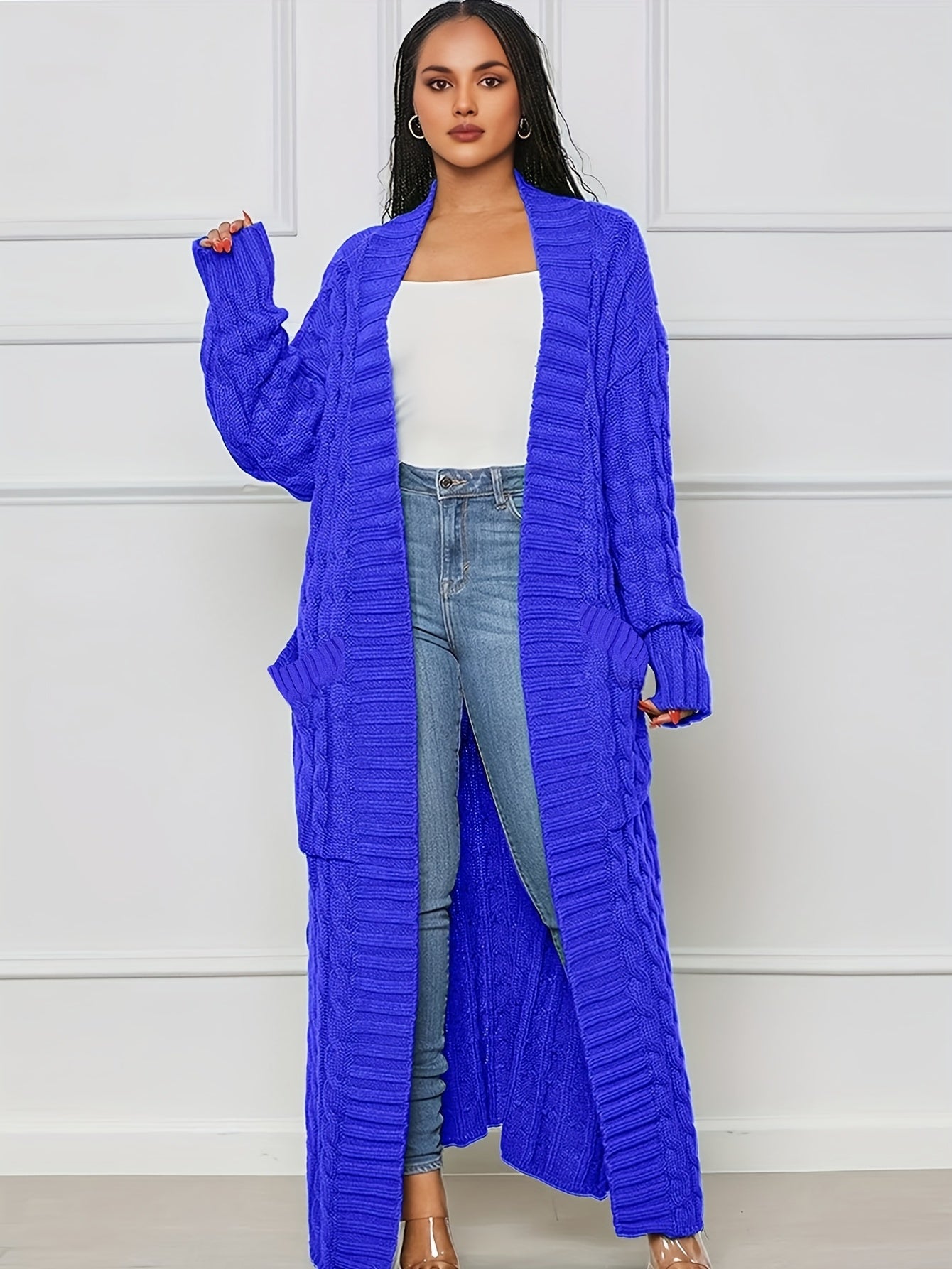 Long Length Cable Knit Cardigan, Elegant Solid Long Sleeve Sweater With Pockets, Women's Clothing