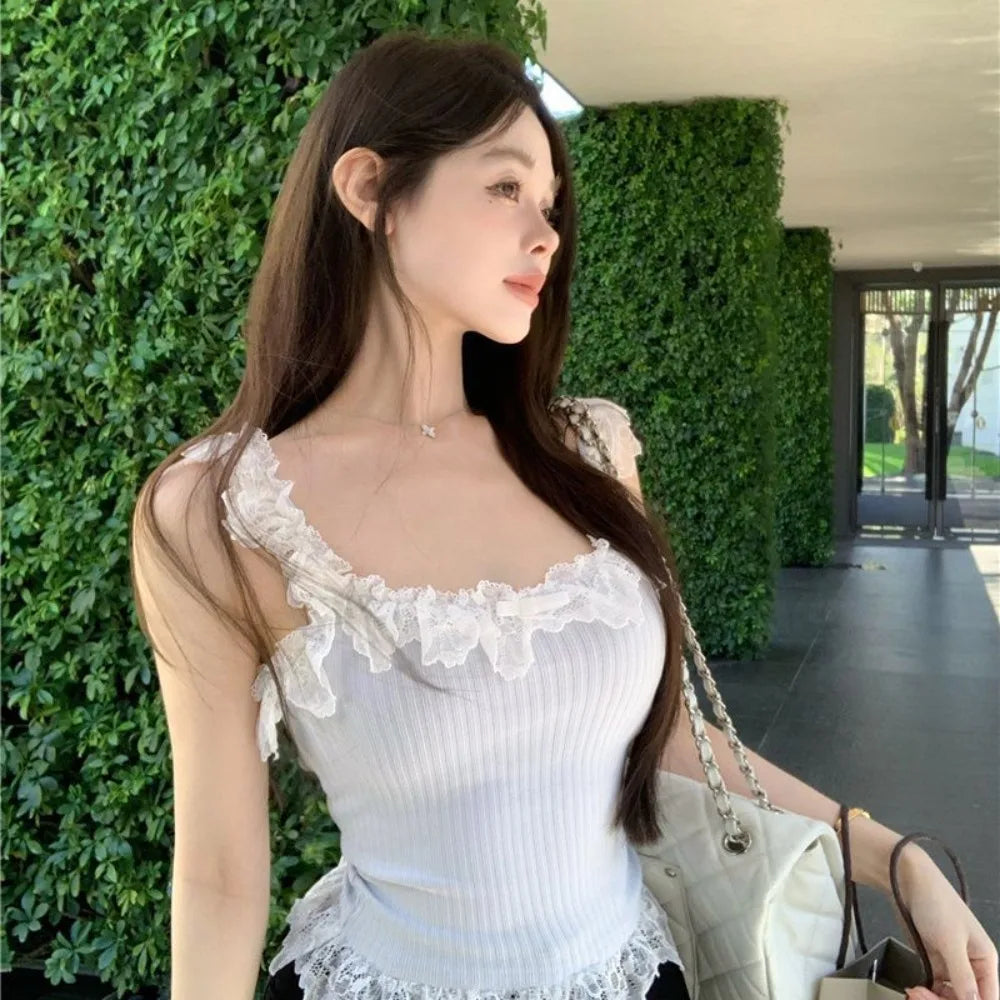 Summer Bow Lace Knitted Sling Fashion Slim Spice Girl Short Top Cool Casual Vest Women
