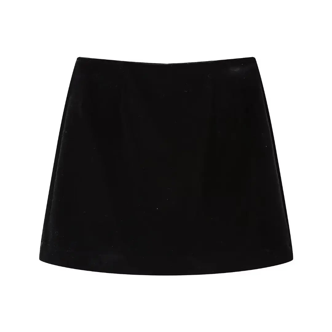 Vintage Women Black High Waist A-line Velvet Mini Skirt