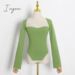 Ingvn - White Side Split Knitted Women's Sweater Square Collar Long Sleeve Sweaters Female Autumn Fashion New Clothes