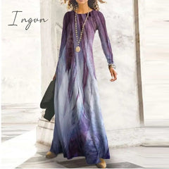 Ingvn - Fashion Shiny Long Office Lady Party Dress Women Vintage Round Neck Long Sleeve Maxi Dress Autumn Slim Boho Spring Dresses