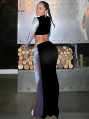 Ingvn - Print Two Piece Set Women Autumn New O Neck Long Sleeve T-shirt And Long Skirt Suits Fashion Sexy Printed Skirt Sets