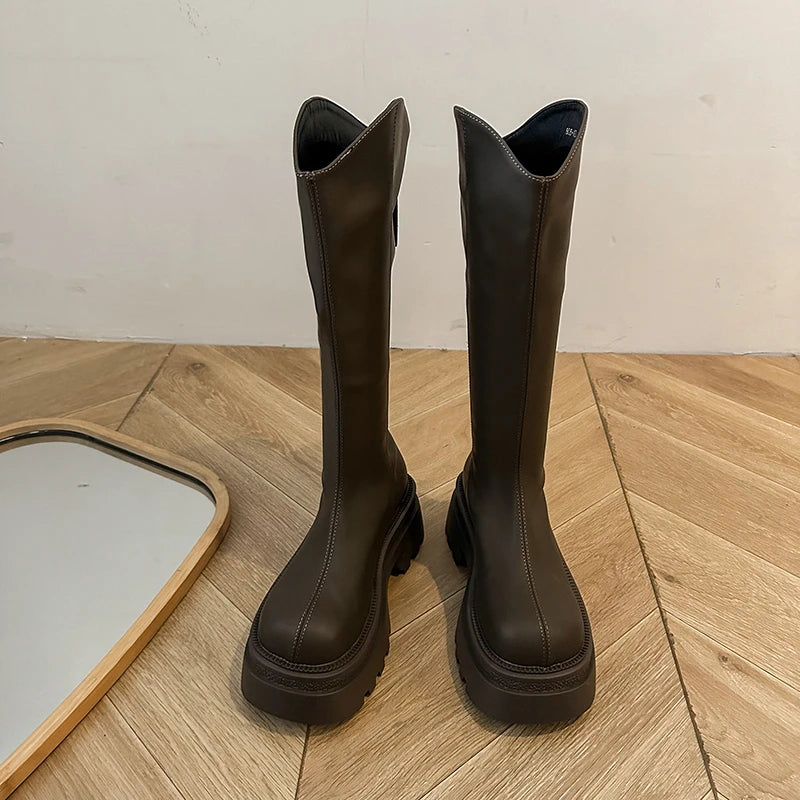 Ingvn  Vintage Platform Women Knee High Boots Fashion Back Zippers Shoes Autumn Winter Thick Heel Ladies Knight Long Booties