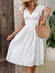 [A-line Shirred Waist Hollow Dress] Shirred Waist Hollow A-line Dress, Vacation V Neck Ruffle Sleeve Dress For Spring & Summer, Women's Clothing Wedding graduation engagement occasion ceremony party holiday vacation birthday