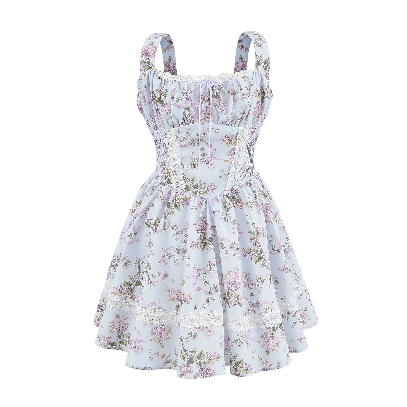 Floral Print Tank Mini Dress Women Lace Spliced O Neck Sleeveless A-line Holiday Casual Summer Dresses Party Robe