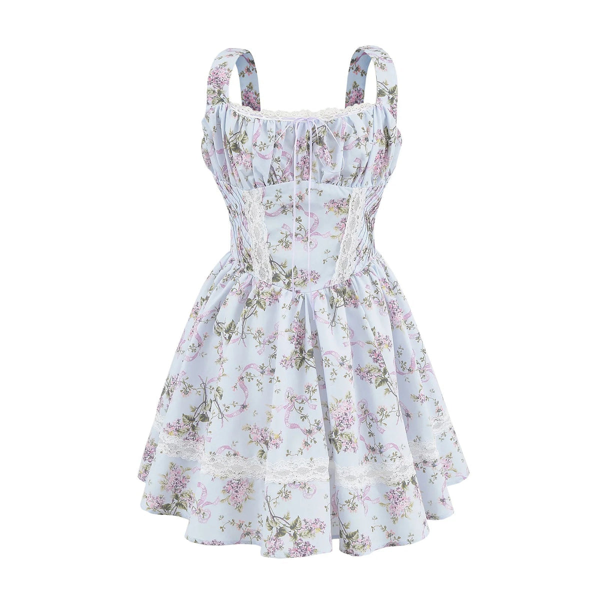 Floral Print Tank Mini Dress Women Lace Spliced O Neck Sleeveless A-line Holiday Casual Summer Dresses Party Robe