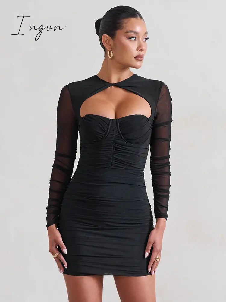 Ingvn - Hollow Out Ruched Sexy Mini Dress For Women Robe New Two Layer Mesh Sheer Long Sleeve Bodycon Sexy Party Short Dress