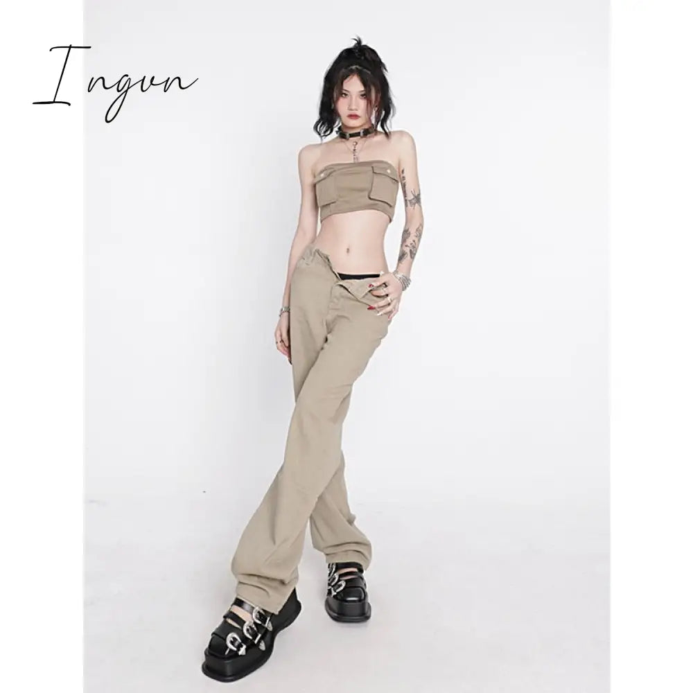 Ingvn - Women's Khaki Wide Leg Jeans Star Pocket Vintage Straight Pants High Waist Baggy Streetwear Casual Brown Denim Trouser Ladies
