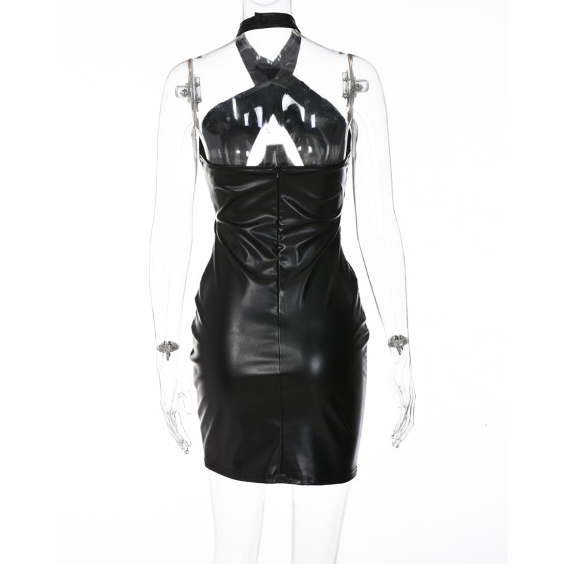 Pu Leather Faux Halter Hollow Out Slip Sleeveless Mini Dress Solid  Fall Bodycon Evening Party Elegant Vestidos