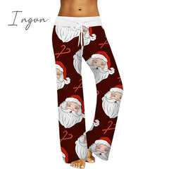 Ingvn - Womens Christmas Pants Cartoon Santa Claus Print Pants Wide Leg Pants Pull Rope Elastic Drawstrings Sweatpants Straight Trousers