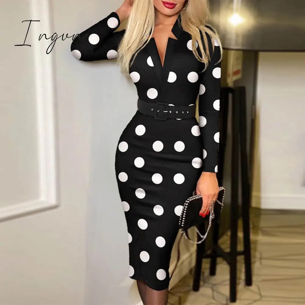 Ingvn - 2023 Trends Fashion Vintage Women Pattern Print Office Dresses Spring Autumn V-neck Long Sleeve Slim Bodycon Midi Dress Elegant Ladies Belt Vestidos