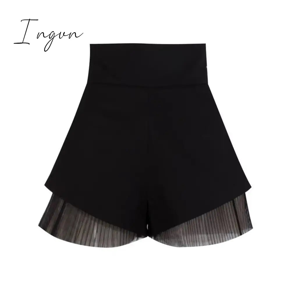 Ingvn - Black French Retro Top Women Summer Women Long Sleeve Mesh Shirt Sexy Slimming Blusas De Mujer Lace Sling Shorts Elegant Set