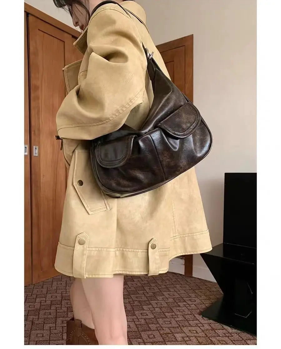 INGVN  2024 New Women Vintage Underarm Bag Korean Office Lady All Match Top-Handle Bags Trendy Fashion Simple Zipper Shoulder Handbags