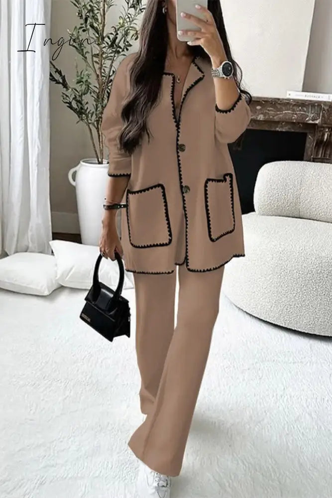 Ingvn - Casual Solid Pocket O Neck Long Sleeve Two Pieces