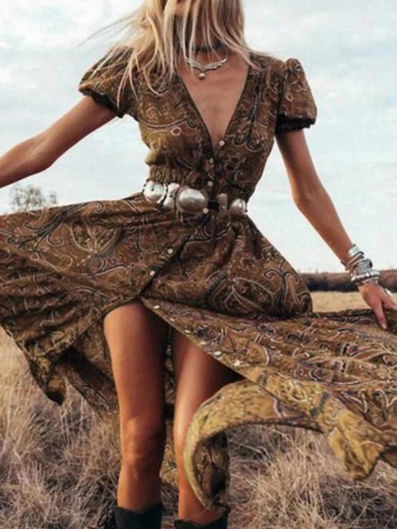 Full Size Printed Puff Sleeve Maxi Dress Plus Size