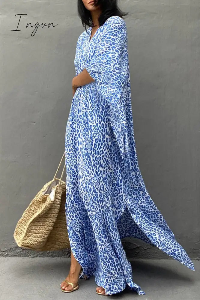 Ingvn - Vintage Vacation Print Leopard Slit Swimwears Cover Up