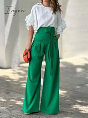 Ingvn - Women's Shirt Pants Sets White Solid Color Ruffle Half Sleeve Casual Daily Fashion Round Neck Regular Fit Spring &  Fall