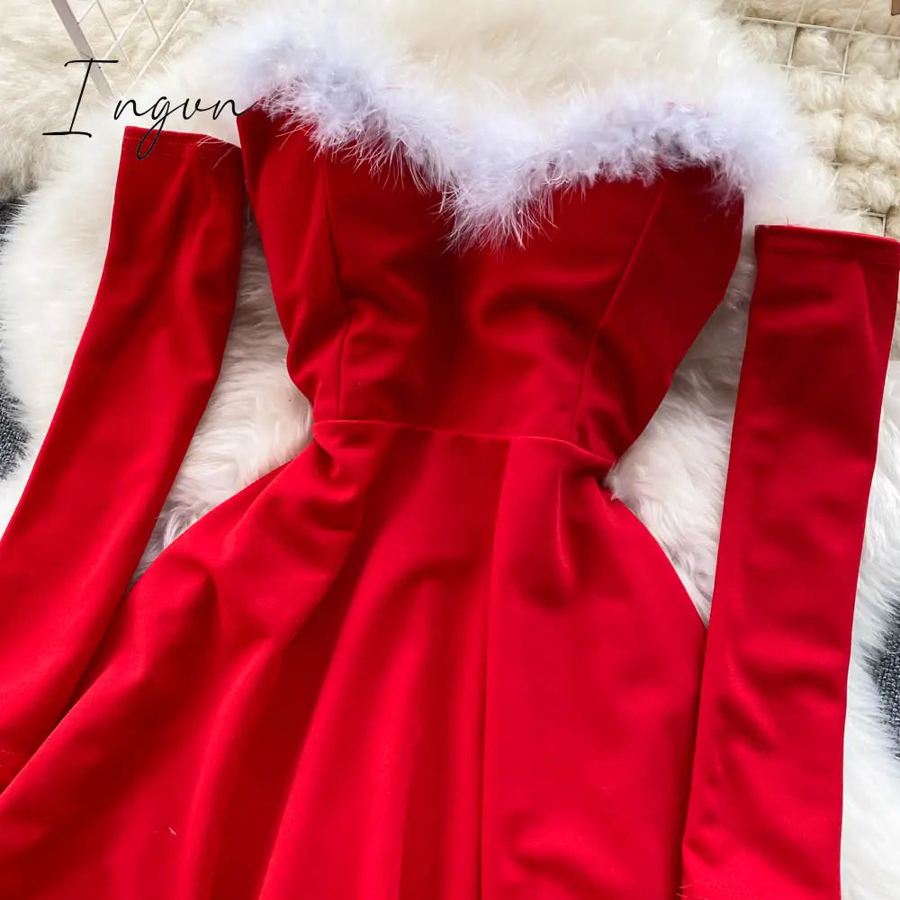 Ingvn - Gifts For Women Elegant Dress For New Year Strapless Backless Furry Sexy Short Mini Christmas Dress Navidad Red Party Dress Femme