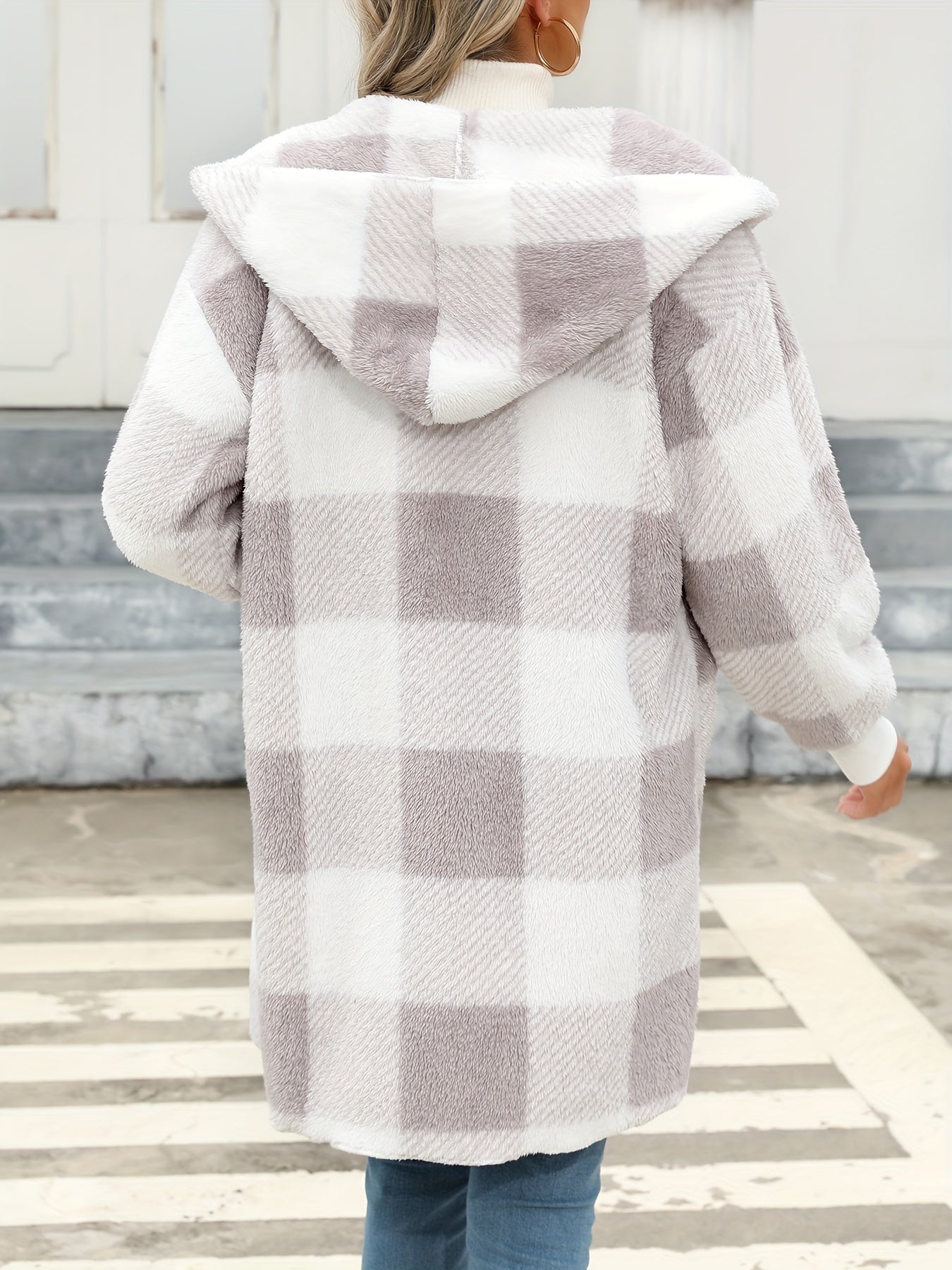Stylish Long Sleeve Hooded Plush Lined Cardigan - Fleece Jackets with Color Block Plaid Print, Soft and Warm Women's Clothing for Winter