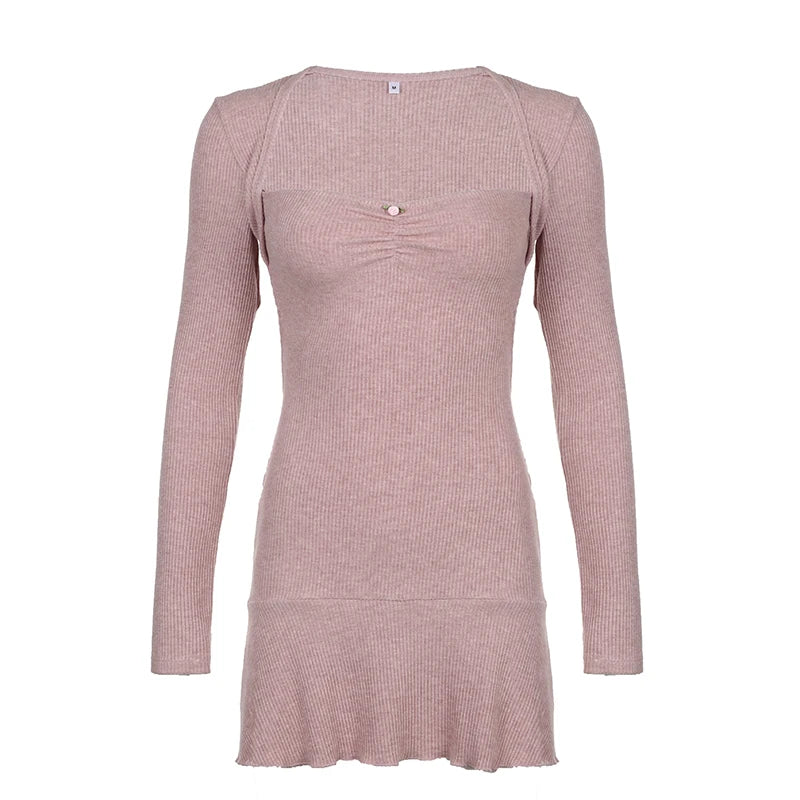 Cute Coquette Pink A-line Mini Dress Fairycore Sweet Full Sleeve Square Collar Short Dresses for Women Spring Autumn y2k
