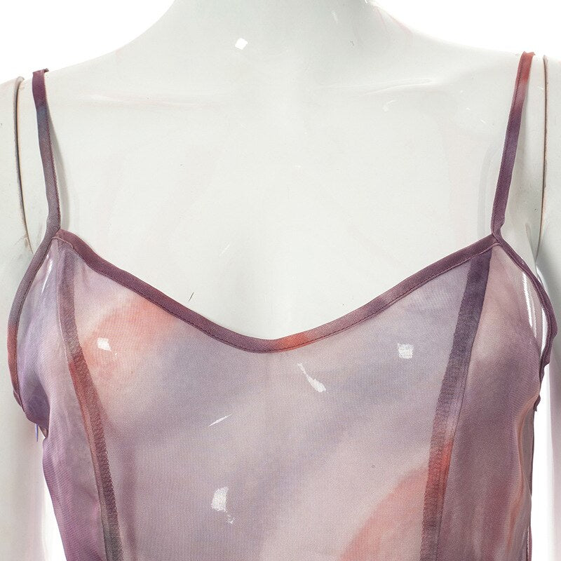 Women's Sexy Sheer Mesh Cami Dress Tie-dye Print V-neck Sleeveless Backless See-Through High Split Mini Dress E-Girl Streetwear