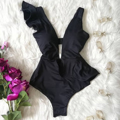 New Sexy Ruffle Print Floral One Piece Swimsuit Off The Shoulder Swimwear Women Solid Deep-V Beachwear Bathing Suit Monkini