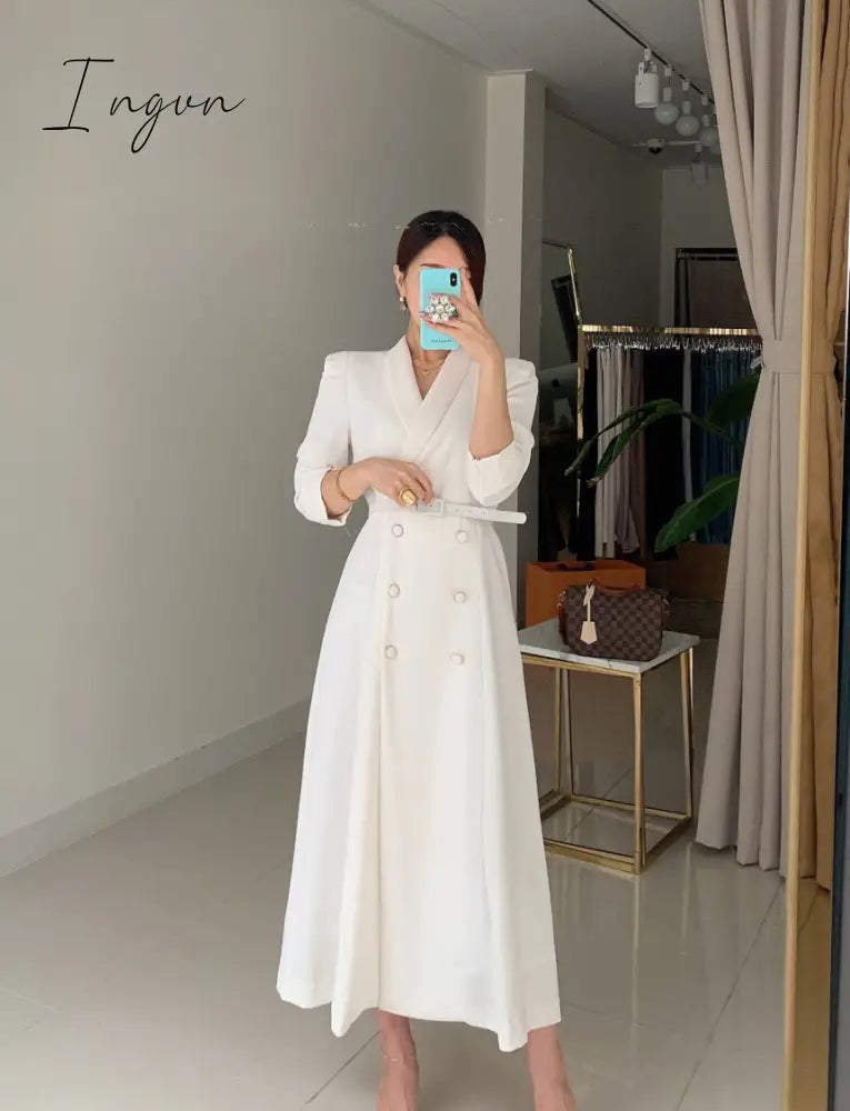 Ingvn - New French Spring Elegant Double Breasted Belted Sashes Women Suit Dress Autumn Office Long Sleeve Slim Waist Female Dress