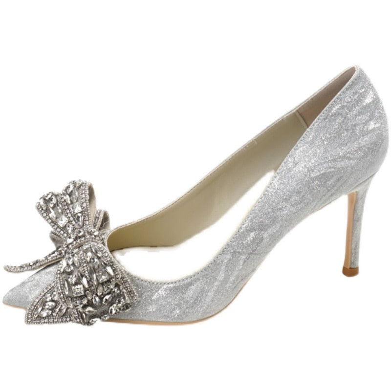 Spring and summer stiletto sexy pointed sequins rhinestone bow bride wedding shoes banquet dress large size custom womens sandal