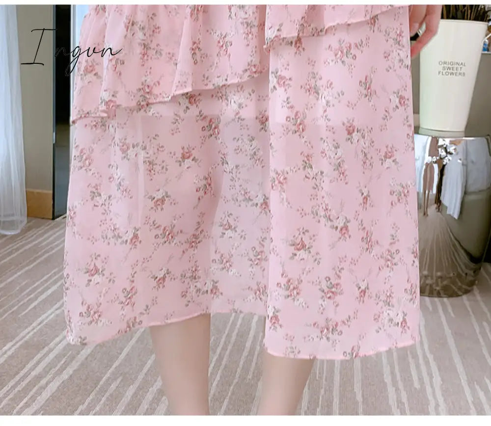 Ingvn - Women Mini Dress Spring New V-neck Floral Chiffon Dress High Waist Flare Sleeve Female Dress Woman's Dress KarolyiDora KA88