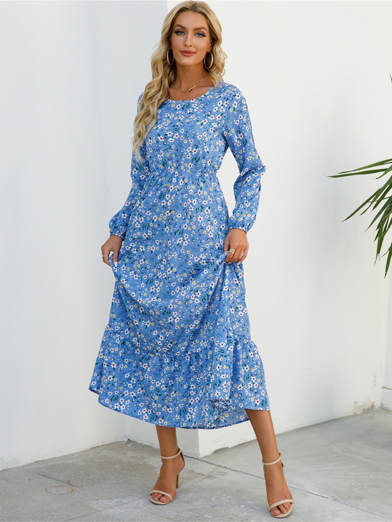 Vibrant Floral Print Long Sleeve Crew Neck Ruffle Dress - Flowy, Bohemian Chic, Casual, Comfortable, Women's Long Dresses for Daily Wear - Perfect for Spring, Summer, and Autumn Seasons