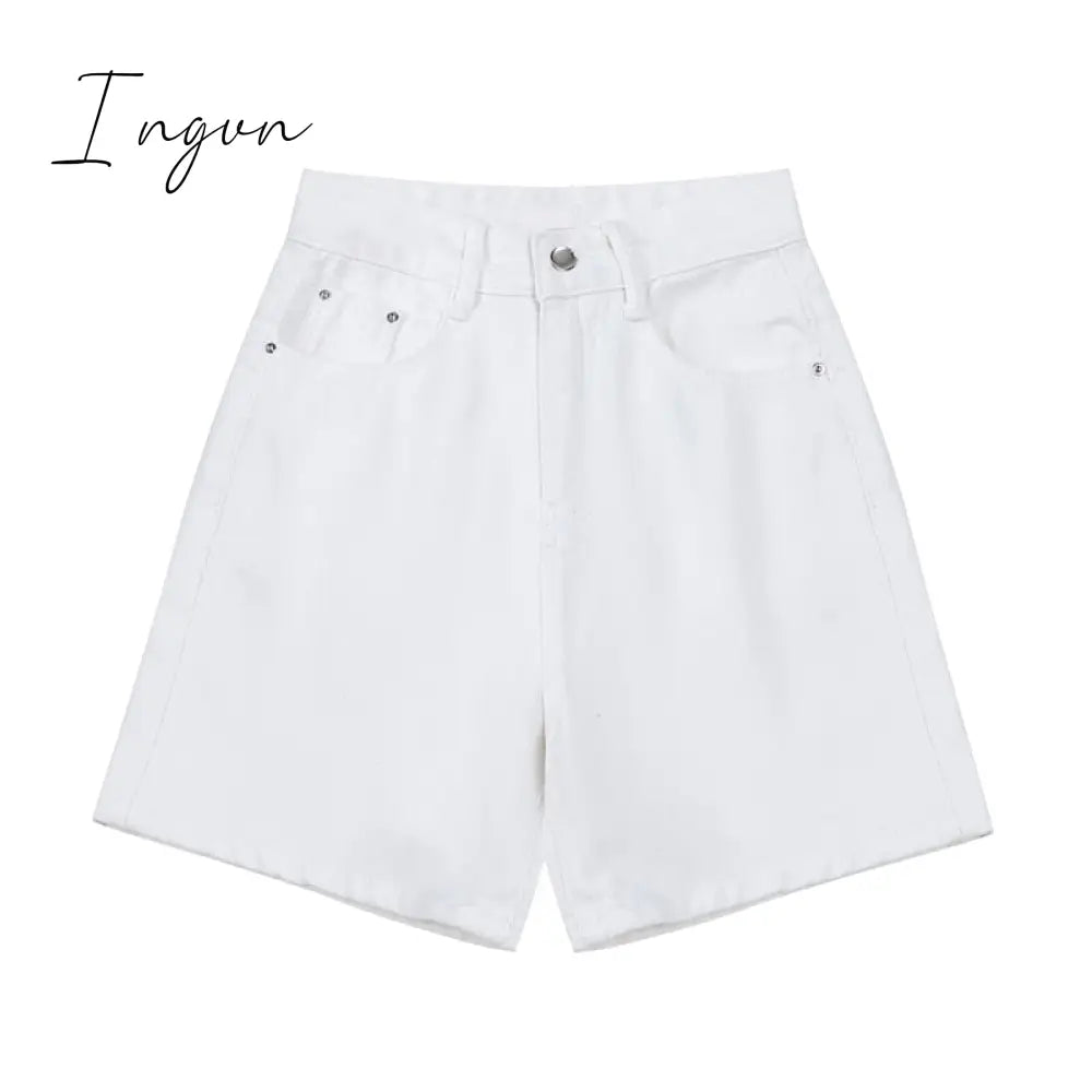 Ingvn - Women's Short Summer High Waist Jeans Baggy Straight Five Points Trousers Streetwear Vintage Mom Denim Wide Leg Short Pants