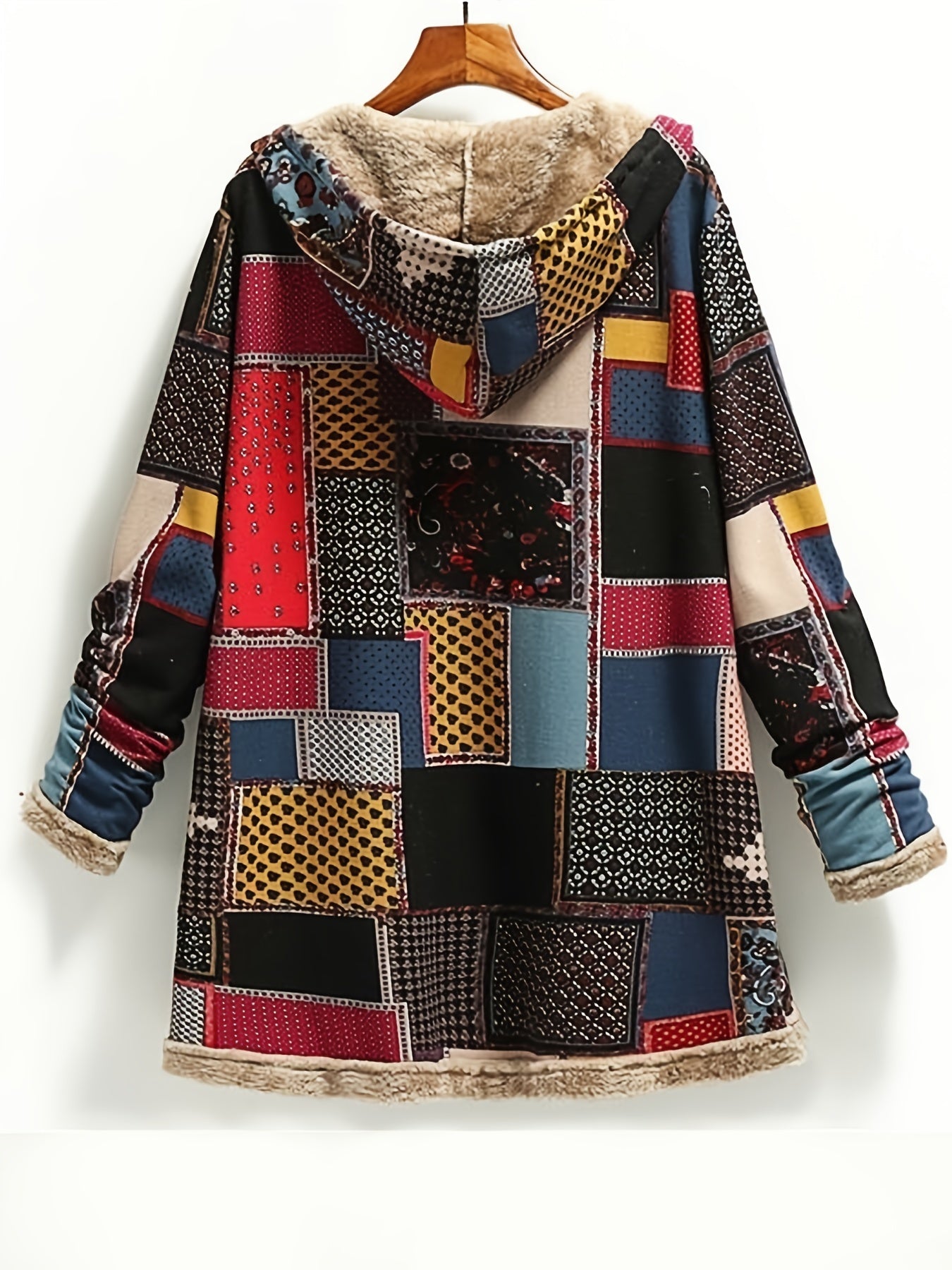 Retro Patchwork Hooded Jacket, Long Sleeve Button Up Casual Lightweight Outerwear For Fall & Winter, Women's Clothing