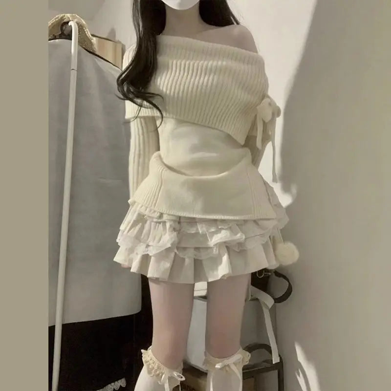Voguable Autumn Winter Woman Kawaii Sweet 2 Piece Set Off Shoulder Bow Knitted Tops + Mini Cake Skirt Female Korean Fashion Casual Suits