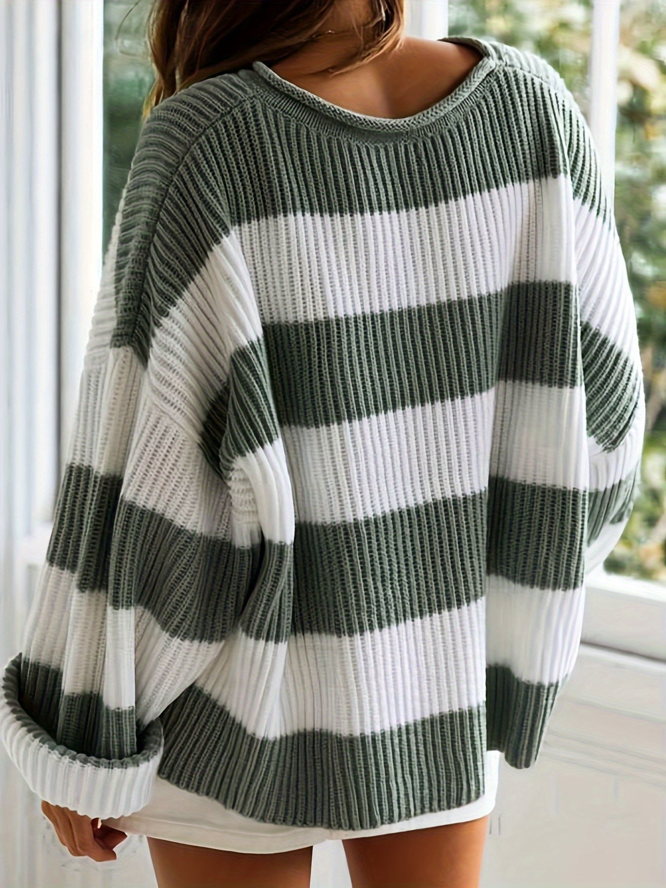 Cozy Striped Crew Neck Pullover Sweater - Soft, Casual, and Versatile Long Sleeve Drop Shoulder Rib-Knit Acrylic Top with Slight Stretch, Fashionable Loose Fit, and Easy Care for All Seasons