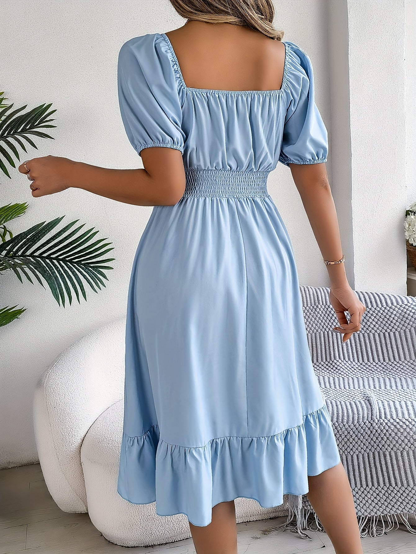 Solid Puff Sleeve Square Neck Waist Dress, Elegant Ruched Bust Ruffle Hem Dress, Women's Clothing Wedding graduation engagement occasion ceremony party holiday vacation birthday