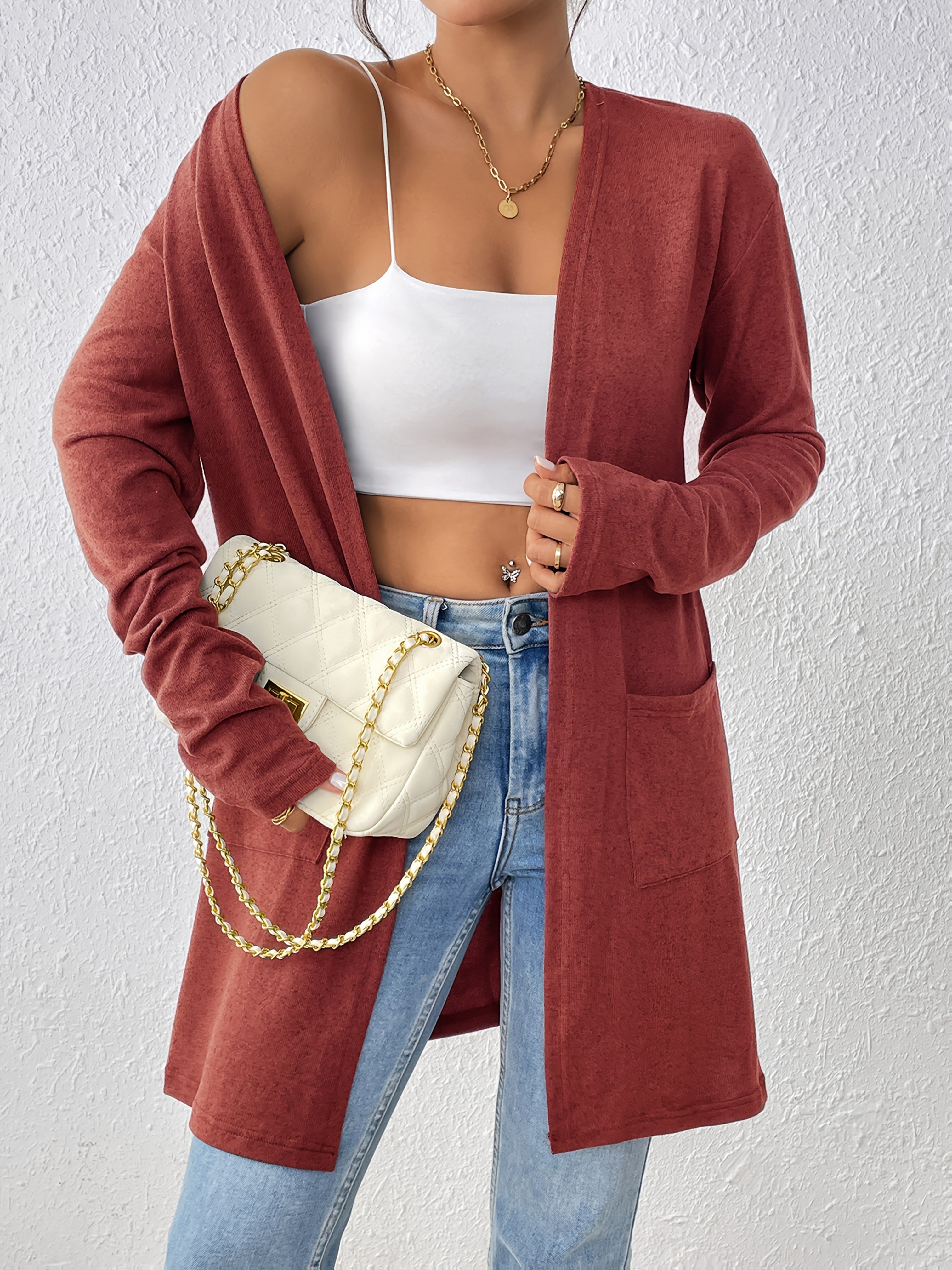 Dual Pockets Open Front Cardigan, Stylish Solid Color Long Sleeve Cardigan For Spring & Fall, Women's Clothing