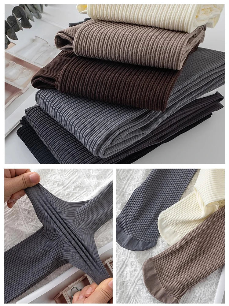 Knit Ribbed Pantyhose Women Sexy See-Through Stockings Black Striped Lace Tights For Women Skinny Leggings Pantyhose New