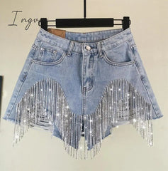 Ingvn - Spring Autumn Fashion Tide Denim Short Women High Street Rhinestone Sequins Hole Tassel Fit Wild Clothing