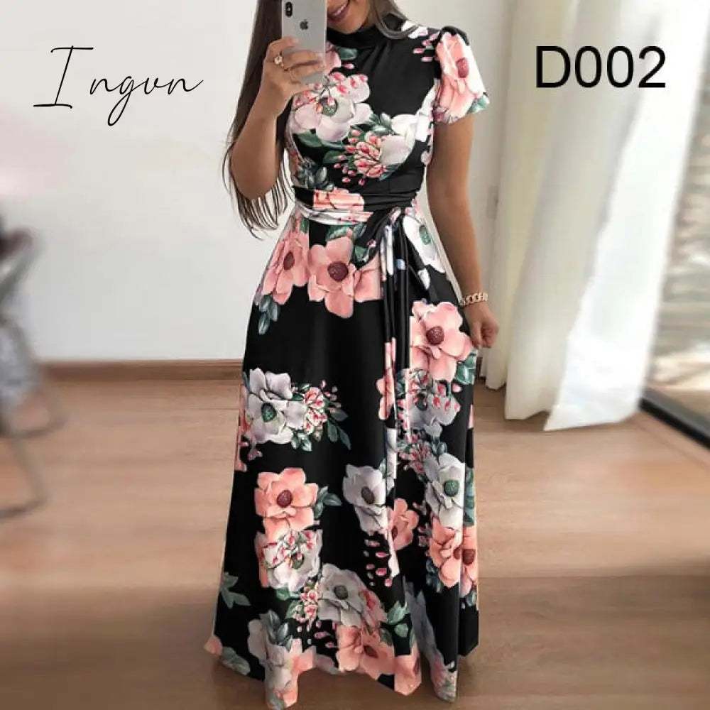 Ingvn - Flower Print Long Sleeve Maxi Dress Spring Autumn Casual Slim Sashes Long Dress Women Elegant Robe Party Dresses Plus Size S-5XL