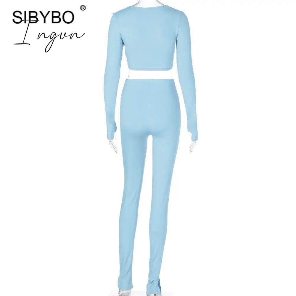 Ingvn - 2 Piece Outfits For Women Sexy Long Sleeve Crop Tops Drawstring Leggings Pants Sets Casual Sporty Sweatpants Tracksuits