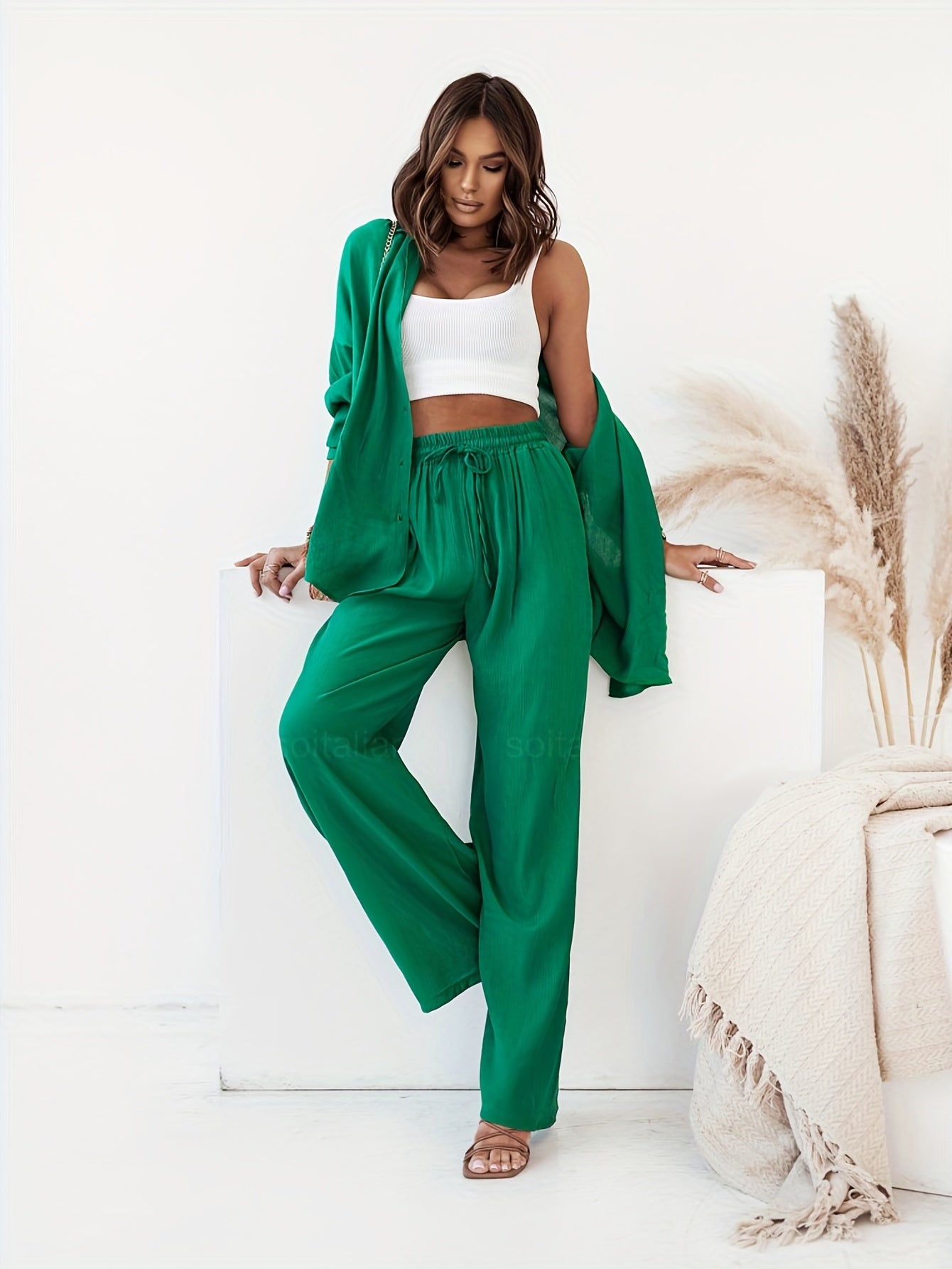 Two-Piece Chic Pantsuit Set - Women's Solid Casual Outfit with Button Front Turn Down Collar Shirt and High Waist Wide Leg Pants - Comfortable and Elegant Clothing for Everyday Wear