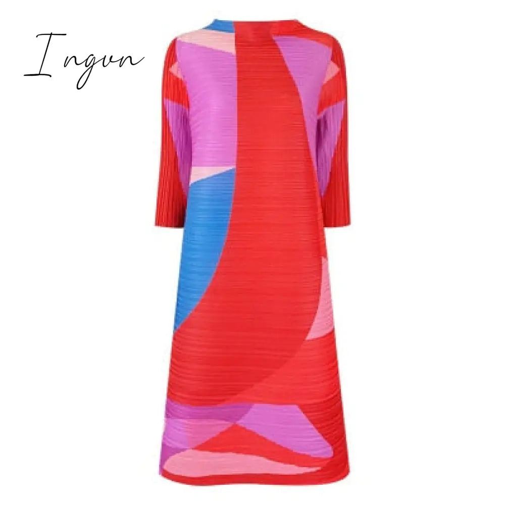 Ingvn - Pleated Dress Women Hit Color Geometric With Belt Sashes Over Size Long Sweet Casual New Spring Fashion Tide