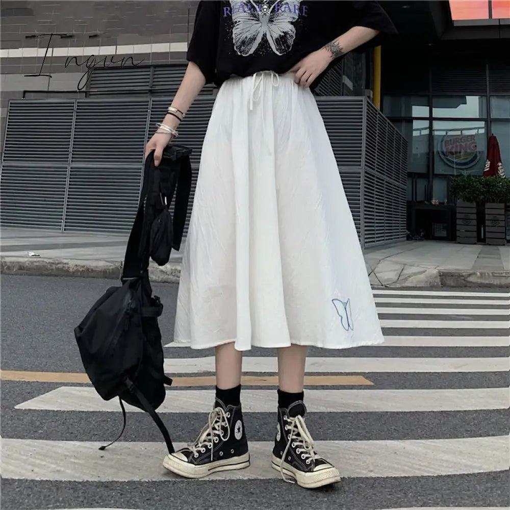 Ingvn - Spring/Autumn Women Skirts High Waist Student Korean Style Dark Vintage Ruffle Long A-line Skirts Women Fashion