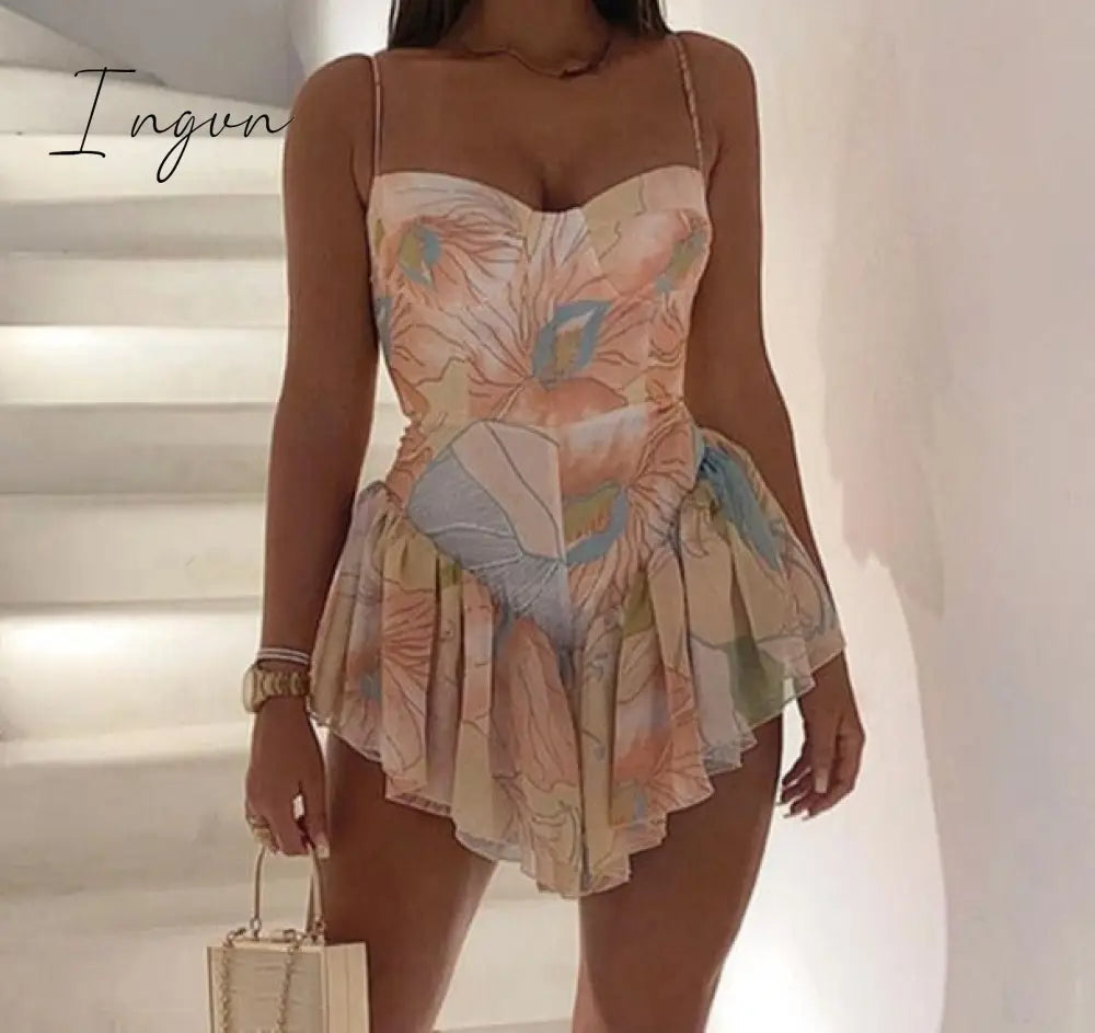 Ingvn - Women Spaghetti Strap Blooming Floral Print Ruffles Irregular Dress  Mini Dress  Elegant Fashion Chic Dress