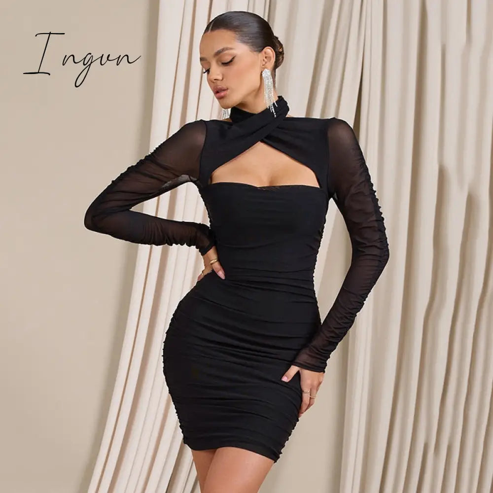 Ingvn - Mesh Ruched Backless Mini Dress Women Robe Autumn New With Zipper Halter Long Sleeve Bodycon Sexy Party Dress Vestidos